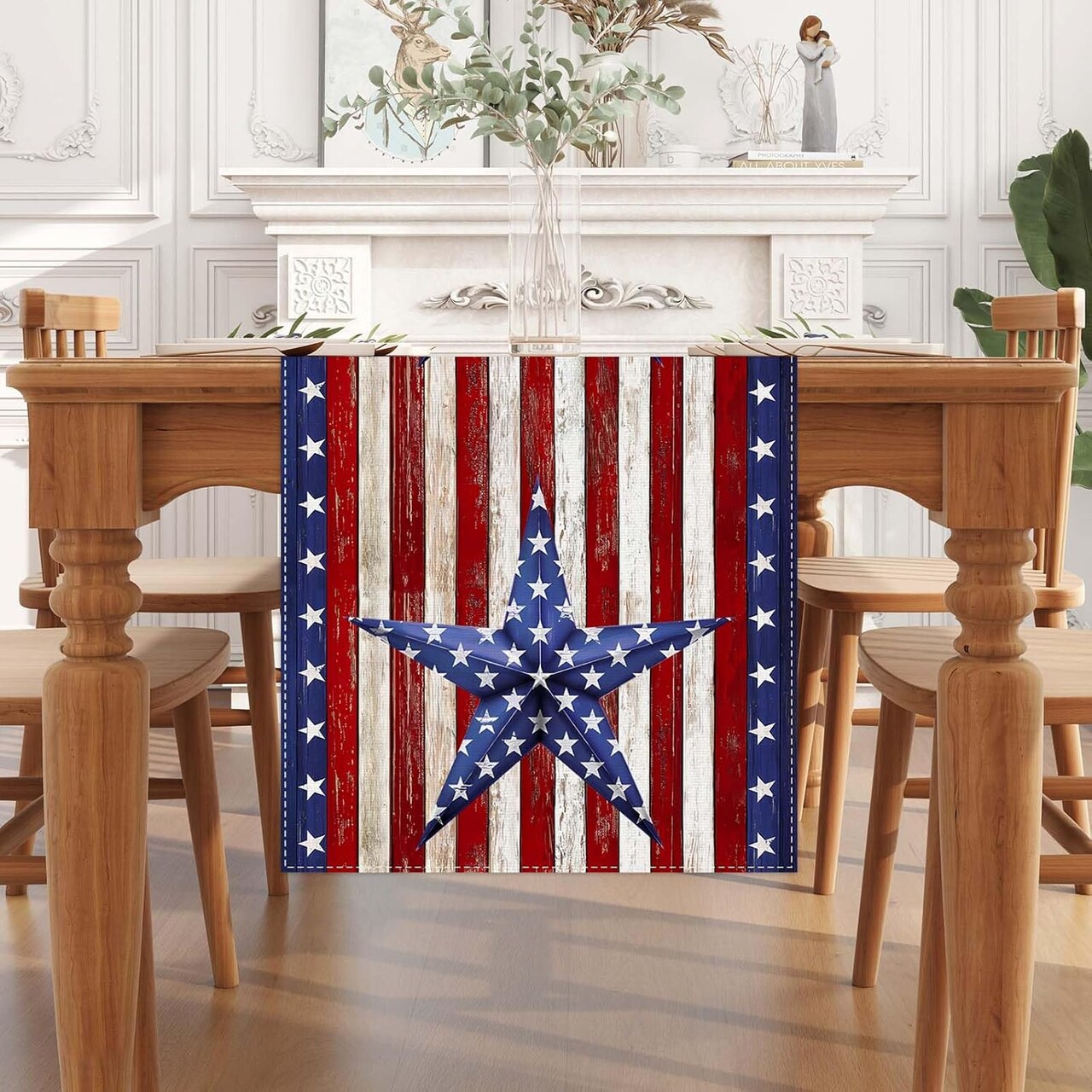 Patriotic 72-inch linen table runner, red, white, and blue design.